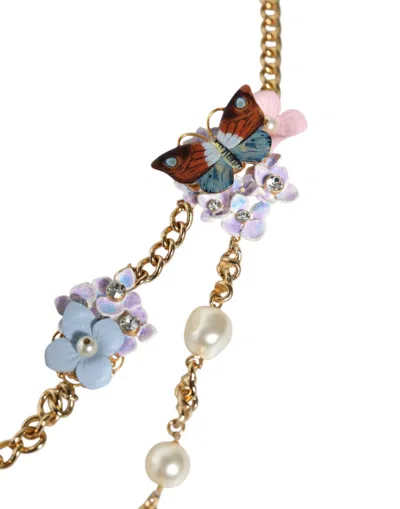 Dolce & Gabbana Gold Chain Brass Floral Layered Crystal Pearl Necklace In Gold
