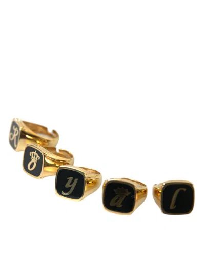 Dolce & Gabbana Gold Brass Royal Enamel Set Of 5 Ring In Gold Black