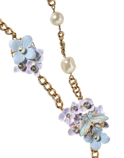 Dolce & Gabbana Gold Chain Brass Floral Layered Crystal Pearl Necklace In Gold