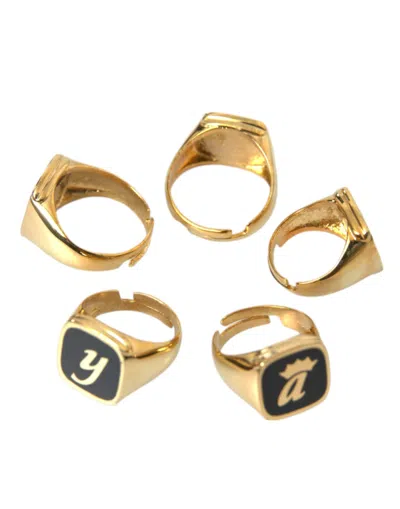 Dolce & Gabbana Gold Brass Royal Enamel Set Of 5 Ring In Gold Black