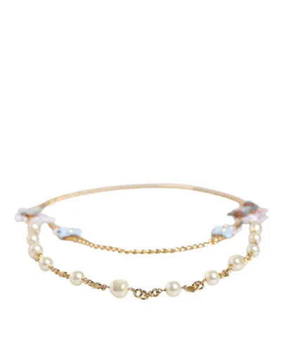 Dolce & Gabbana Gold Chain Brass Floral Layered Crystal Pearl Necklace In Gold