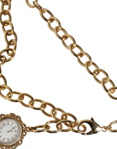 Dolce & Gabbana Gold Chain Brass Crystal Clock Statement Necklace In Gold