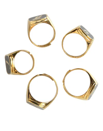 Dolce & Gabbana Gold Brass Royal Enamel Set Of 5 Ring In Gold Black
