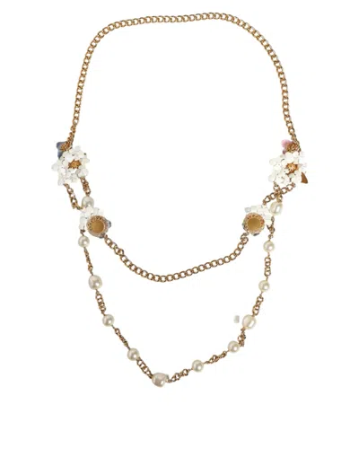 Dolce & Gabbana Gold Chain Brass Floral Layered Crystal Pearl Necklace In Gold