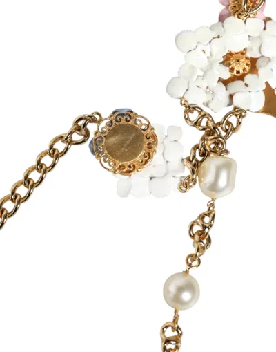 Dolce & Gabbana Gold Chain Brass Floral Layered Crystal Pearl Necklace In Gold