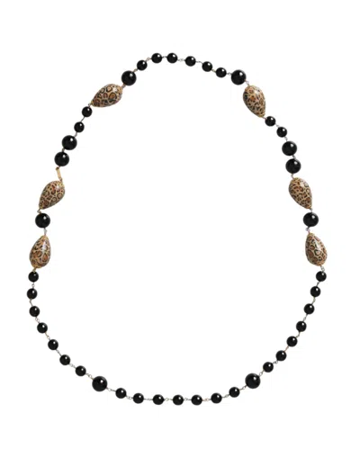 Dolce & Gabbana Gold Tone Brass Black Printed Beaded Long Chain Necklace In Gold Black