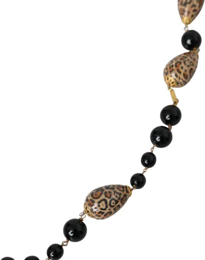 Dolce & Gabbana Gold Tone Brass Black Printed Beaded Long Chain Necklace In Gold Black