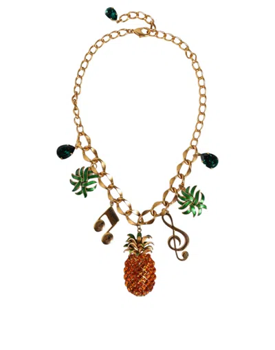 Dolce & Gabbana Gold Tone Brass Chain Pineapple Crystal Musical Necklace In Gold