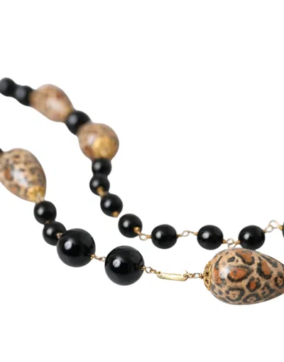 Dolce & Gabbana Gold Tone Brass Black Printed Beaded Long Chain Necklace In Gold Black