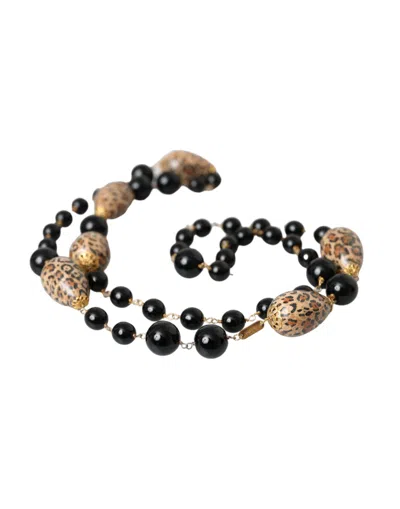 Dolce & Gabbana Gold Tone Brass Black Printed Beaded Long Chain Necklace In Gold Black