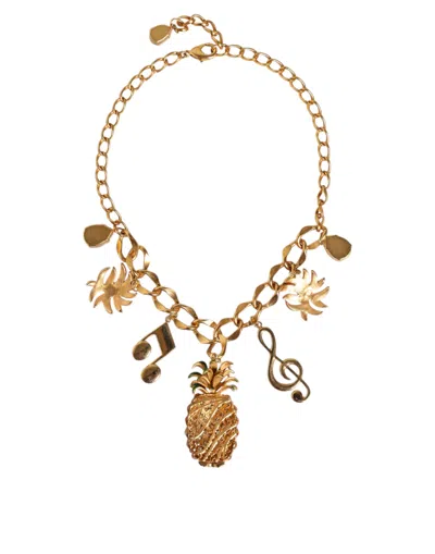 Dolce & Gabbana Gold Tone Brass Chain Pineapple Crystal Musical Necklace In Gold
