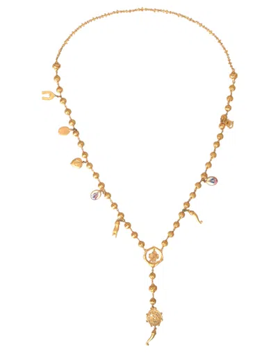 Dolce & Gabbana Gold Tone Chain Brass Beaded Statement Sicily Necklace In Gold