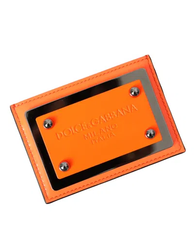 Dolce & Gabbana Orange Black Leather Logo Plaque Card Holder Wallet In Orange