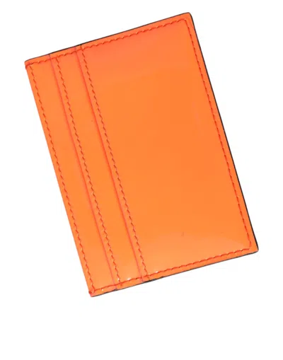 Dolce & Gabbana Orange Black Leather Logo Plaque Card Holder Wallet In Orange