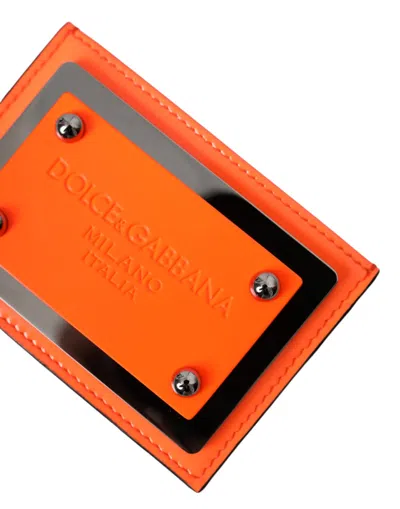 Dolce & Gabbana Orange Black Leather Logo Plaque Card Holder Wallet In Orange