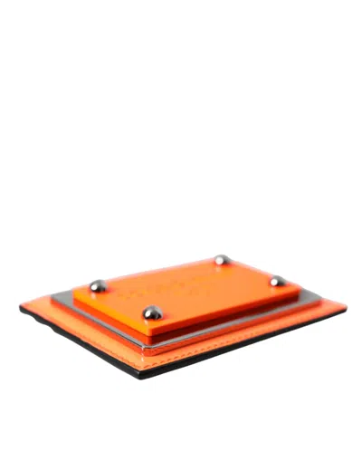 Dolce & Gabbana Orange Black Leather Logo Plaque Card Holder Wallet In Orange