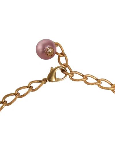 Dolce & Gabbana Pink Maxi Faux Pearl Beads Crystals Gold Chain Necklace In Gold And Pink