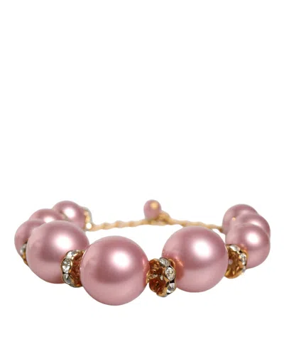 Dolce & Gabbana Pink Maxi Faux Pearl Beads Crystals Gold Chain Necklace In Gold And Pink