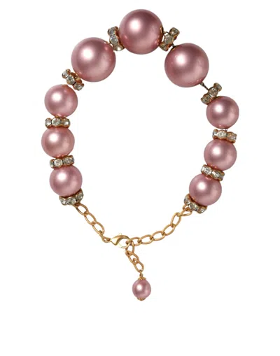Dolce & Gabbana Pink Maxi Faux Pearl Beads Crystals Gold Chain Necklace In Gold And Pink
