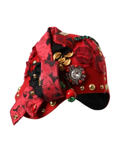 Dolce & Gabbana Red Crystal Gold Roses Brooch Embellished Hat In Red