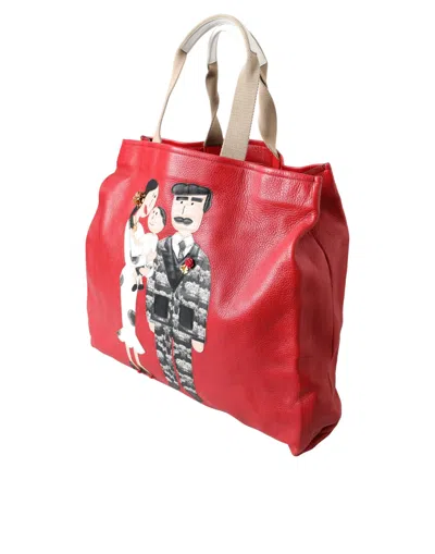 Dolce & Gabbana Red Leather #dgfamily Patch Shopping Tote Bag In Red