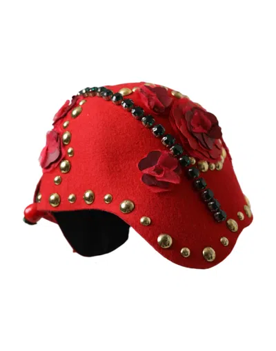 Dolce & Gabbana Red Crystal Gold Roses Brooch Embellished Hat In Red