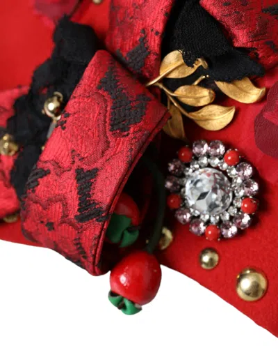 Dolce & Gabbana Red Crystal Gold Roses Brooch Embellished Hat In Red