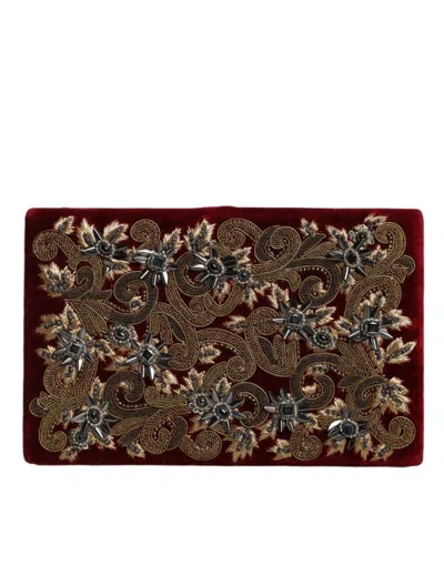 Dolce & Gabbana Red Velvet Gold Frame Clutch Evening Party Purse Bag In Red
