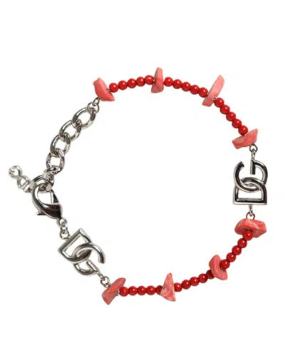 Dolce & Gabbana Silver Tone Brass Beaded Resin Dg Logo Chain Bracelet In Silver