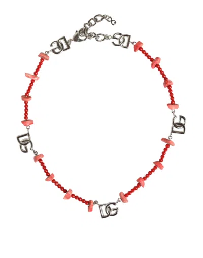 Dolce & Gabbana Silver Tone Brass Beaded Resin Dg Logo Chain Necklace In Silver