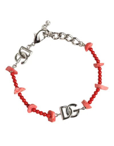 Dolce & Gabbana Silver Tone Brass Beaded Resin Dg Logo Chain Bracelet In Silver