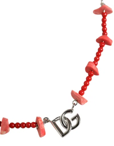 Dolce & Gabbana Silver Tone Brass Beaded Resin Dg Logo Chain Necklace In Silver