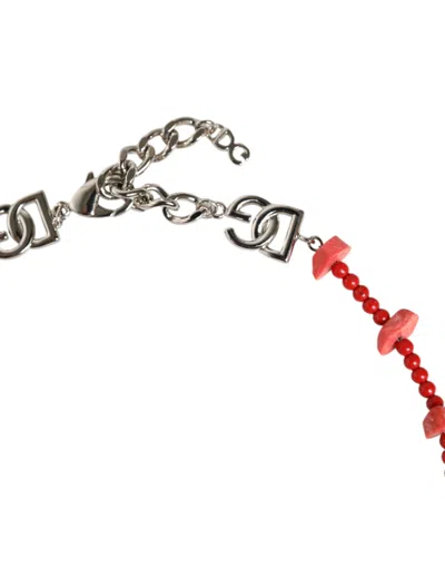 Dolce & Gabbana Silver Tone Brass Beaded Resin Dg Logo Chain Necklace In Silver