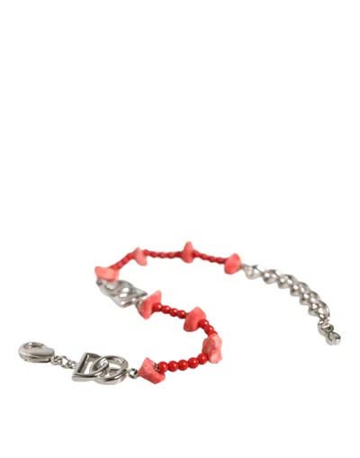 Dolce & Gabbana Silver Tone Brass Beaded Resin Dg Logo Chain Bracelet In Silver