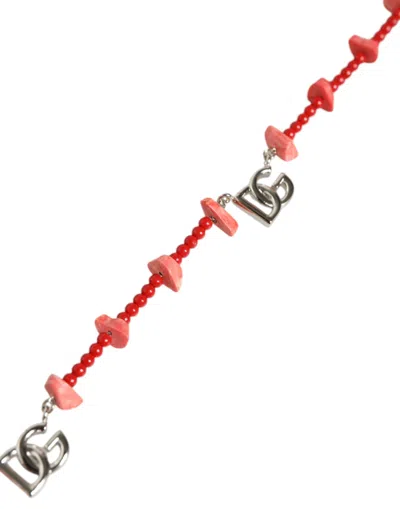 Dolce & Gabbana Silver Tone Brass Beaded Resin Dg Logo Chain Necklace In Silver