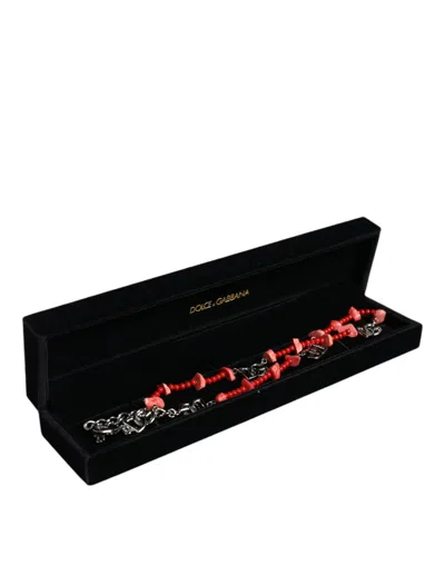 Dolce & Gabbana Silver Tone Brass Beaded Resin Dg Logo Chain Necklace In Silver