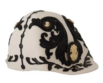 Dolce & Gabbana White Black Wool Embroidered Cameo Brooch Hat In White
