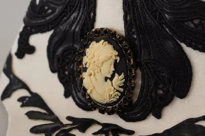 Dolce & Gabbana White Black Wool Embroidered Cameo Brooch Hat In White
