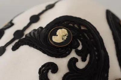 Dolce & Gabbana White Black Wool Embroidered Cameo Brooch Hat In White