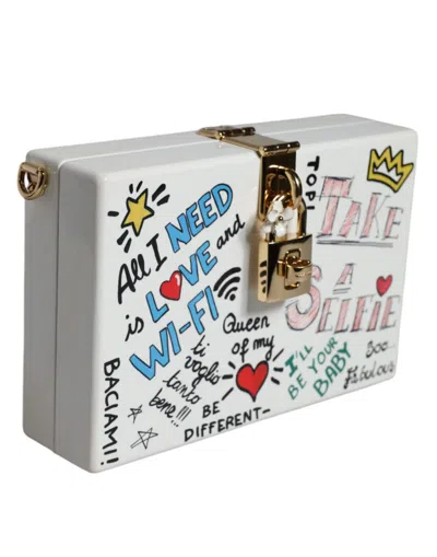 Pre-owned Dolce & Gabbana White Graffiti Print Clutch Crossbody Women's Bag ()