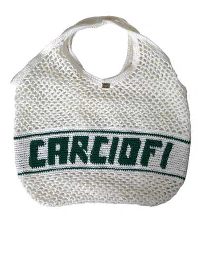 Dolce & Gabbana White Green Knitted Cotton Logo Shopping Tote Bag In White