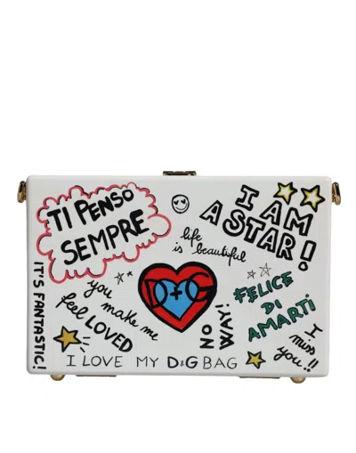 Pre-owned Dolce & Gabbana White Graffiti Print Clutch Crossbody Women's Bag ()