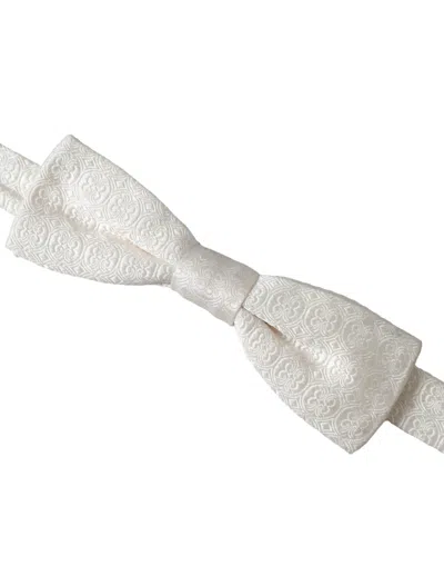 Dolce & Gabbana White Silk Patterned Adjustable Neck Men Papillon Bow Men's Tie In White