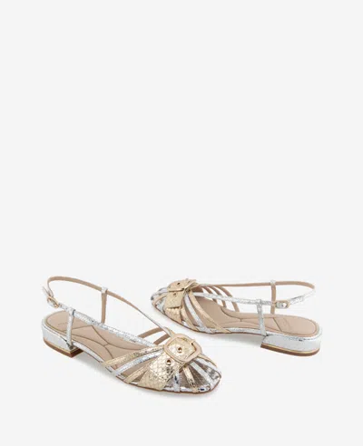 Kenneth Cole Farrah Metallic Combo Snake Caged In Buckle Sandal In Silver,gold Metallic