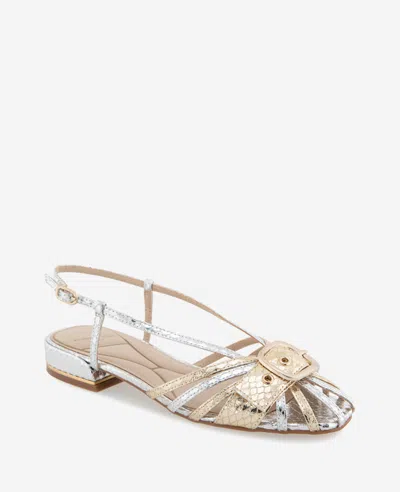 Kenneth Cole Farrah Metallic Combo Snake Caged In Buckle Sandal In Silver,gold Metallic