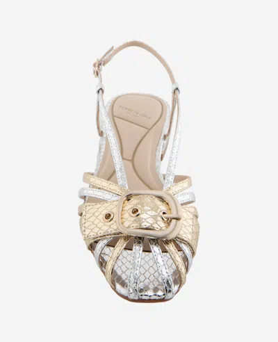 Kenneth Cole Farrah Metallic Combo Snake Caged In Buckle Sandal In Silver,gold Metallic