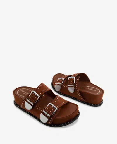 Kenneth Cole Gradie Double Buckle Studded Suede Platform Slide Sandal In Cognac Suede