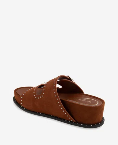Kenneth Cole Gradie Double Buckle Studded Suede Platform Slide Sandal In Cognac Suede
