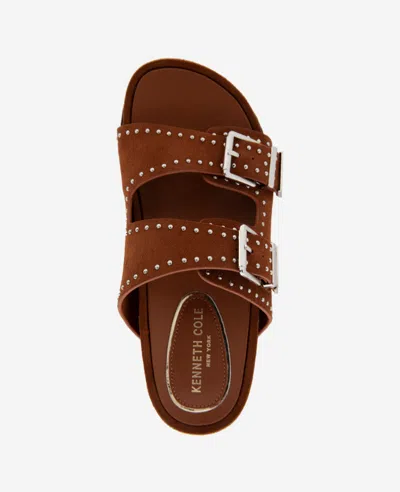 Kenneth Cole Gradie Double Buckle Studded Suede Platform Slide Sandal In Cognac Suede