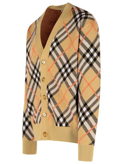 Burberry Embroidered Stretch Wool Blend Cardigan In Beige